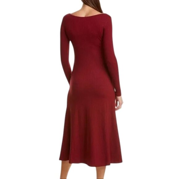 Farm Rio Burgundy Boat Neck Midi Dress Ribbed Long Sleeve - Picture 2 of 14
